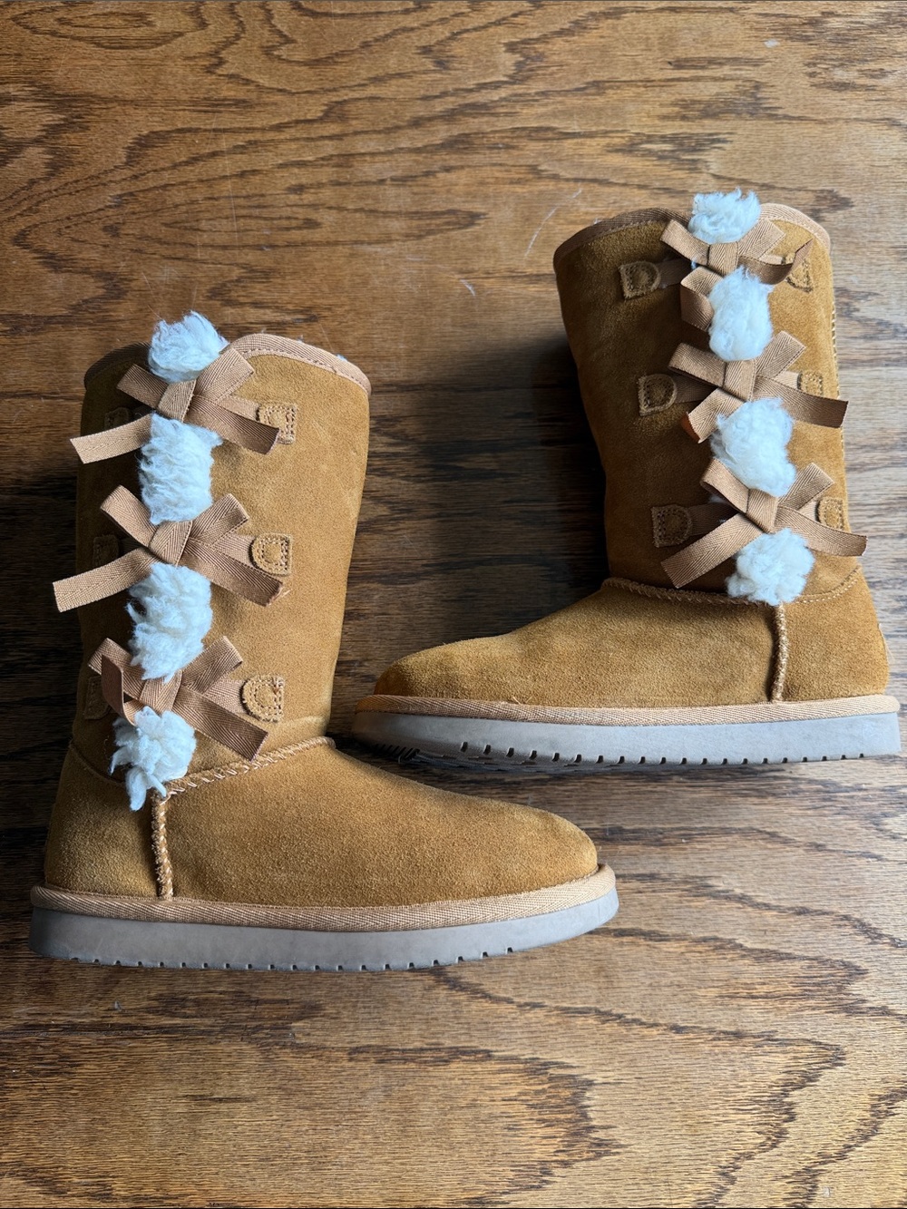 Koolaburra Kids Tan Suede Boots with White Fur Pom-Poms
